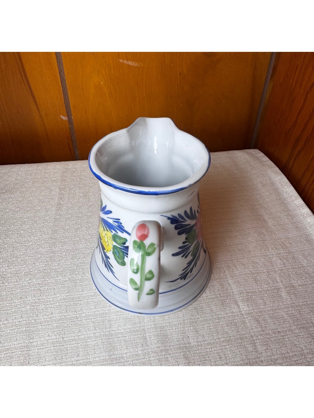 Vintage Hand Painted Floral Ceramic Pitcher Creamer Blue Trim 5 Inch Cottage - Picture 3 of 8